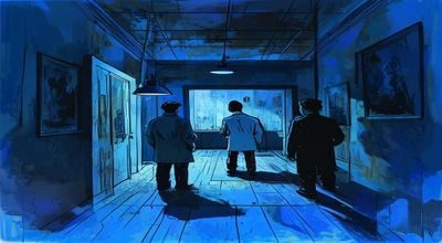 悬疑推理漫画场景，侦探角色在昏暗房间内审视线索板，蓝色光线营造紧张神秘氛围