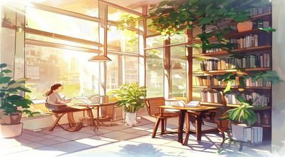 治愈系漫画场景，角色在咖啡馆窗边翻阅书籍，温暖午后阳光洒落，画面柔和宁静，适合疗愈心情